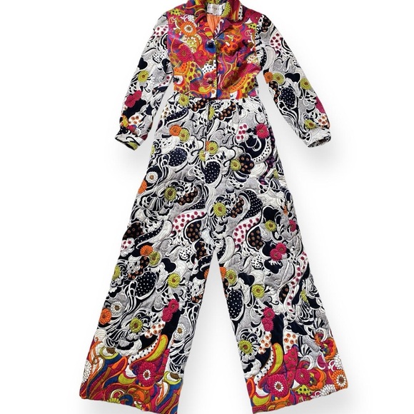 Vintage 60s 70s Jumpsuit Quilted Velvet Psychedelic Paisley Print Extra Small - Picture 1 of 7